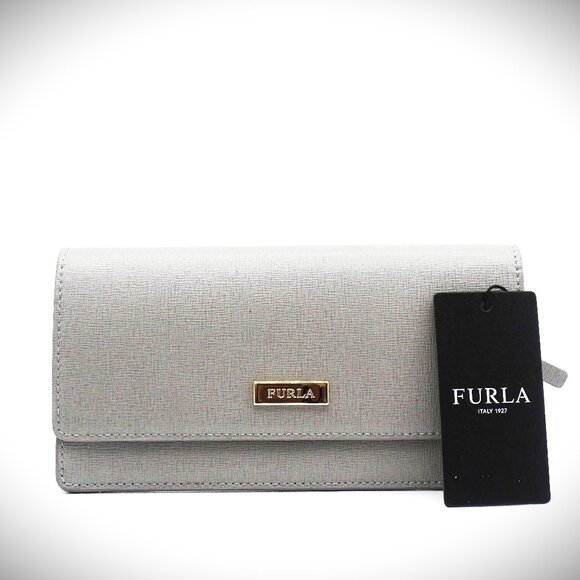 Furla Handbags - FURLA Grey Saffiano Leather Gold Plated Logo Bifold Wallet